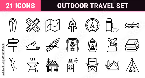 Outdoor Camping and Wilderness Exploration Ultra-Minimalist Geometric Line Art Icon Set for Professional Adventure Travel Interface Design