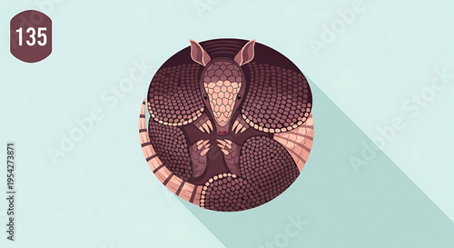 A minimalist vector illustration of an armadillo curled up in a circular design with a subtle shadow effect on a light blue background
