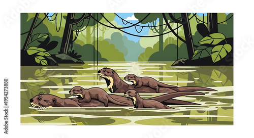 A vector illustration of a family of otters swimming together in a serene jungle river