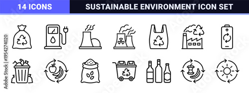 Sustainable Energy and Environmental Conservation Icons featuring Ultra-Minimalist Geometric Line Art for Green Technology and Eco-Friendly Infrastructure.