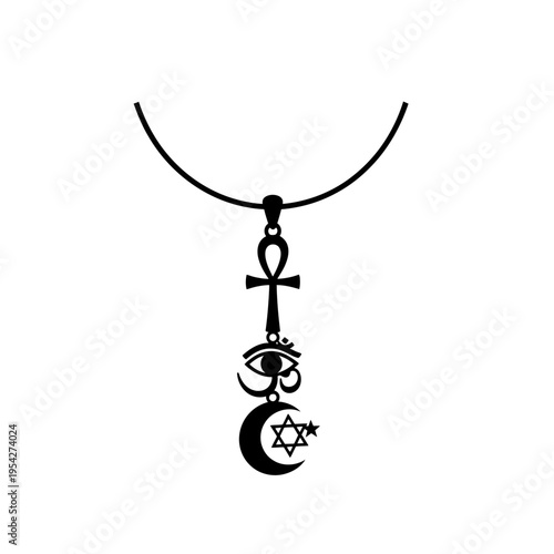 Ankh, Eye of Horus, Star of David, and Crescent Moon amulet symbol necklace on a wire
