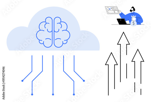 Artificial intelligence, cloud computing, data analysis, digital transformation, business trends, technology growth. Cloud with brain and circuit, person analyzing data arrows pointing upward. AI