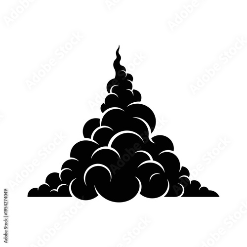Dynamic black smoke cloud silhouette rising, representing powerful explosion, vapor trail, or dramatic burst effect. Stylized illustration for various design concepts and visual impact
