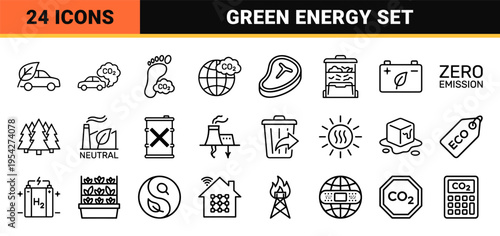 Sustainability and Carbon Footprint Reduction Line Icons. Ultra-minimalist monoline geometric symbols for environmental conservation and net zero tracking.