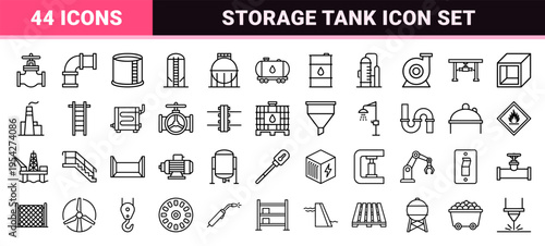 Industrial Storage Tank and Refinery Infrastructure Ultra-Minimalist Monoline Icons for Chemical Engineering and Energy Manufacturing Design.