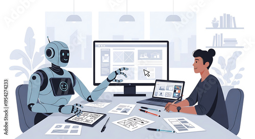 A robot and a woman collaborate on a design project at a modern office desk with computer and paperwork