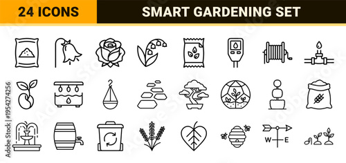Botany and Smart Gardening Professional Linear Icon Set Featuring Minimalist Floral Symbols and Agricultural Technology Outline Assets