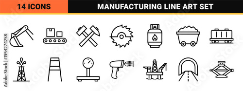 Heavy Industry and Sustainable Energy Production Ultra-Minimalist Monoline Vector Icon Set for Technical Manufacturing and Logistics Systems.