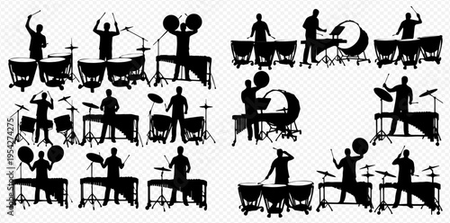 Set of drummer silhouettes playing various percussion instruments, including timpani, drum kit, and cymbals, performing music.
