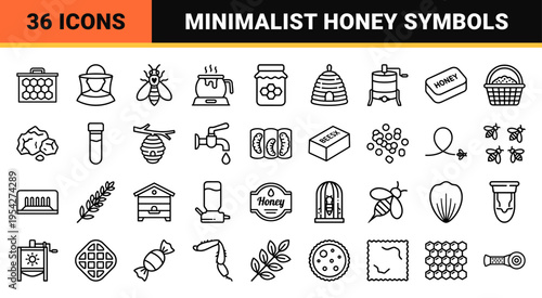 Beekeeping and Honey Production Minimalist Monoline Icon Set featuring Geometric Outline Symbols for Apiary, Natural Sweeteners, and Horticulture.