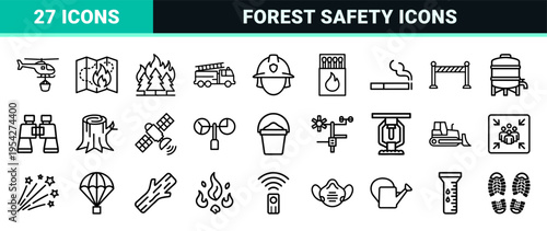 Wildfire Prevention and Forest Ecology Ultra-Minimalist Monoline Icons Featuring Emergency Response and Environmental Conservation Symbols