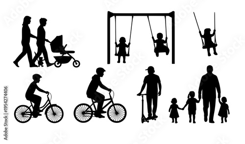 Family recreation silhouettes vector outdoor parenting lifestyle icon set