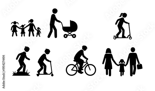 Community family outdoor lifestyle pictogram silhouettes vector recreation set
