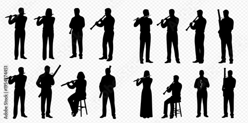 Collection of black silhouettes of musicians playing various wind and string instruments, isolated on a transparent background.