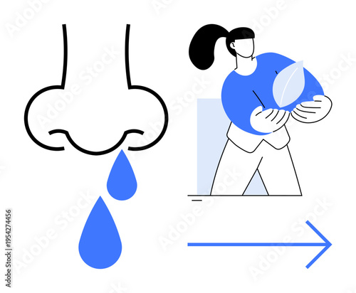 Allergies, natural remedies, health care, respiratory wellness, holistic treatment, eco-lifestyle. A nose with droplets alongside a figure holding a leaf. Allergies and natural remedies concept