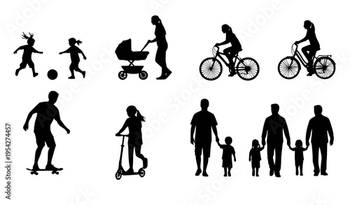Outdoor family activities silhouettes vector children playing cycling lifestyle set
