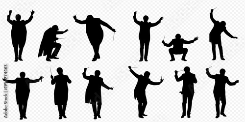Set of conductor silhouettes in various dynamic poses, illustrating different musical expressions and movements for an orchestra.