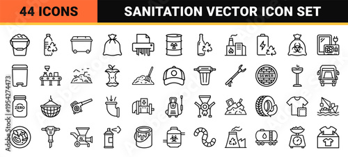 Waste Management and Recycling Line Art Icons, Ultra-Minimalist Monoline Symbols for Sanitation, Garbage Processing, and Circular Economy
