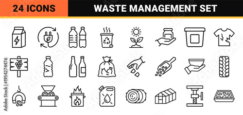 Waste and Recycling Management Icon Set Featuring Ultra-Minimalist Monoline Symbols for Circular Economy and Environmental Sustainability.