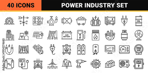 Sustainable Energy and Industrial Power Grid Ultra-Minimalist Monoline Icons for Renewable Technology and Electrical Utility Engineering Infrastructure