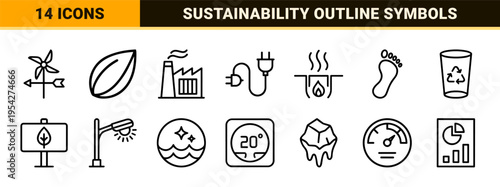 Sustainability and Green Energy Minimalist Line Art Icon Set featuring Eco-friendly Symbols for Circular Economy and Environmental Conservation.