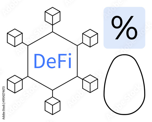 Financial freedom, blockchain technology, cryptocurrency, savings, investment, decentralized ecosystem. Hexagonal network with cubes, percentage sign nest egg. Blockchain technology and financial