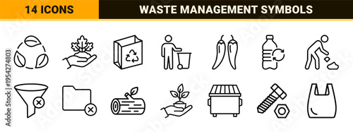 Ecological Sustainability and Waste Management Icons Featuring Ultra-Minimalist Monoline Symbols for Green Energy and Circular Economy Design.