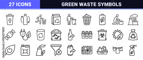 Waste Management and Environmental Sustainability Ultra-Minimalist Monoline Icon Set for Professional Ecological Infrastructure Design.