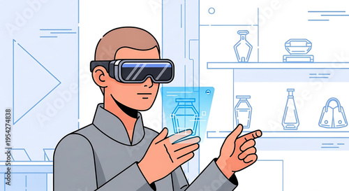 A man wearing virtual reality goggles interacts with a digital product in a futuristic shopping environment