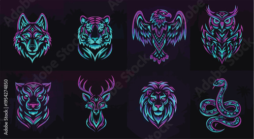 Tribal animal spirit vector bundle, 9 animals in neon retro style (wolf, tiger, eagle, owl, panther, fox, deer, lion, snake), glowing gradients (cyan, magenta, purple), dark background, vaporwave aest