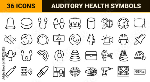 Hearing Protection and Auditory Health Minimalist Monoline Vector Outline Icons for Industrial Safety, Sleep Wellness, and Noise Cancellation.