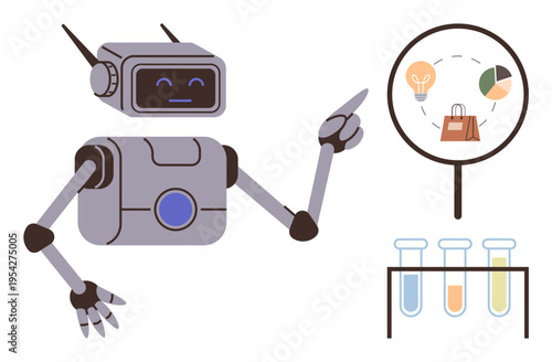 Artificial intelligence, data analytics, science education, innovation, research, experiment automation. Robot pointing at magnified icons and test tubes. Artificial intelligence and data analytics
