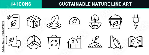 Sustainable Green Energy and Environmental Conservation Ultra-Minimalist Monoline Vector Icon Set for Eco-Friendly Technology and Ecology.