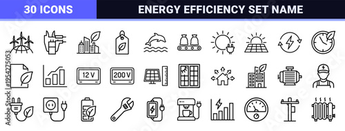 Sustainable Energy Efficiency and Green Technology Icon Set featuring Ultra-Minimalist Geometric Line Art for Commercial Infrastructure.