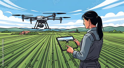 A woman in a field uses a tablet to control a drone for agricultural purposes.