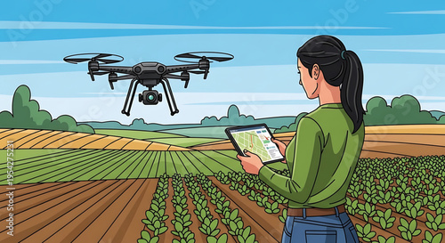 A woman uses a drone and a tablet to monitor and manage a field of crops in a modern agricultural setting.