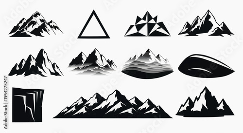 A collection of diverse mountain peak silhouettes and geometric landscape shapes for outdoor design