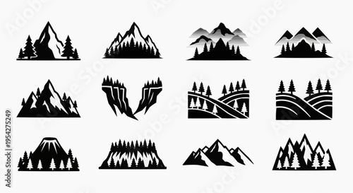 Collection of twelve distinct mountain and pine forest landscape icons in a bold black silhouette