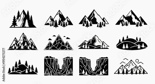 Set of black and white mountain landscape icons featuring various peaks and pine tree silhouettes