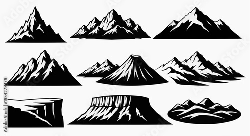 A collection of various mountain range silhouettes featuring diverse peaks and geological formations