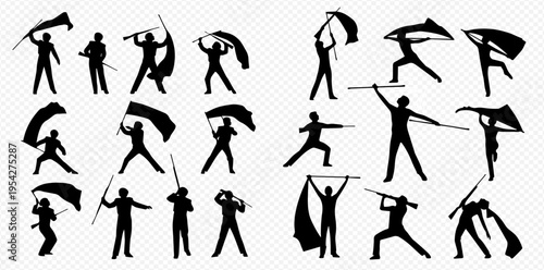 Collection of people silhouettes holding flags in various dynamic poses, isolated on a transparent background.