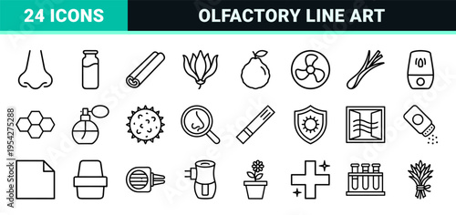 Olfactory Senses and Aromatherapy Monoline Icons Featuring Minimalist Nose Profile, Essential Oil Droplets, and Botanical Fragrance Symbols