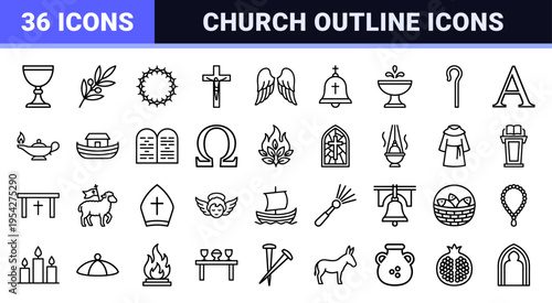 Christian Religious Symbols and Church Liturgy Ultra-Minimalist Monoline Icon Set featuring Bible Cross and Spiritual Geometric Line Art Symbols