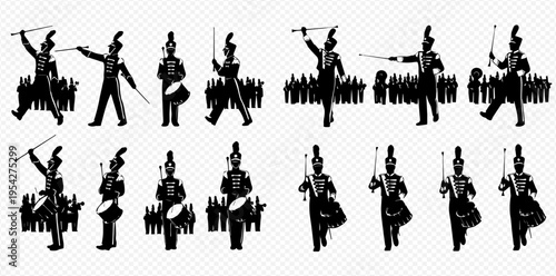 Silhouettes of a marching band in various poses, including drummers and a drum major, performing in parade.
