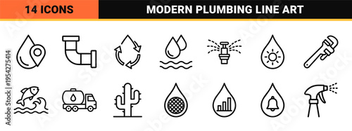 Pure Geometric Water Utility Outline Icons featuring Ultra-minimalist Monoline Design for Resource Management and Sustainable Conservation.