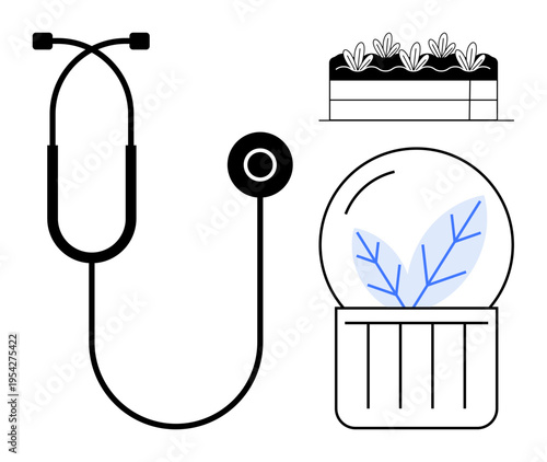 Medical services, sustainability concepts, eco-healthcare, plant care, wellness, green living. Stethoscope, plant bed terrarium with leaves. Medical services and sustainability concepts combined