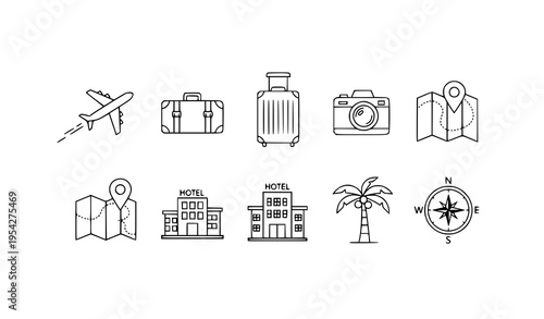A set of travel icons including airplane, luggage, and hotel symbols
