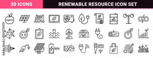 Green Energy and Environmental Sustainability Ultra-Minimalist Monoline Icon Set featuring Renewable Resource and Eco Technology Line Art Symbols