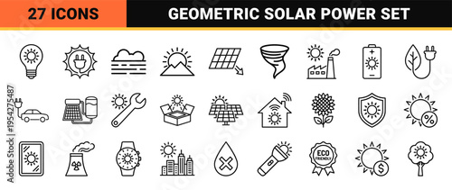 Solar Cycle and Meteorological Phenomena Outline Symbols, Minimalist Geometric Weather Linear Icons for Eco-Energy and Environmental Design.