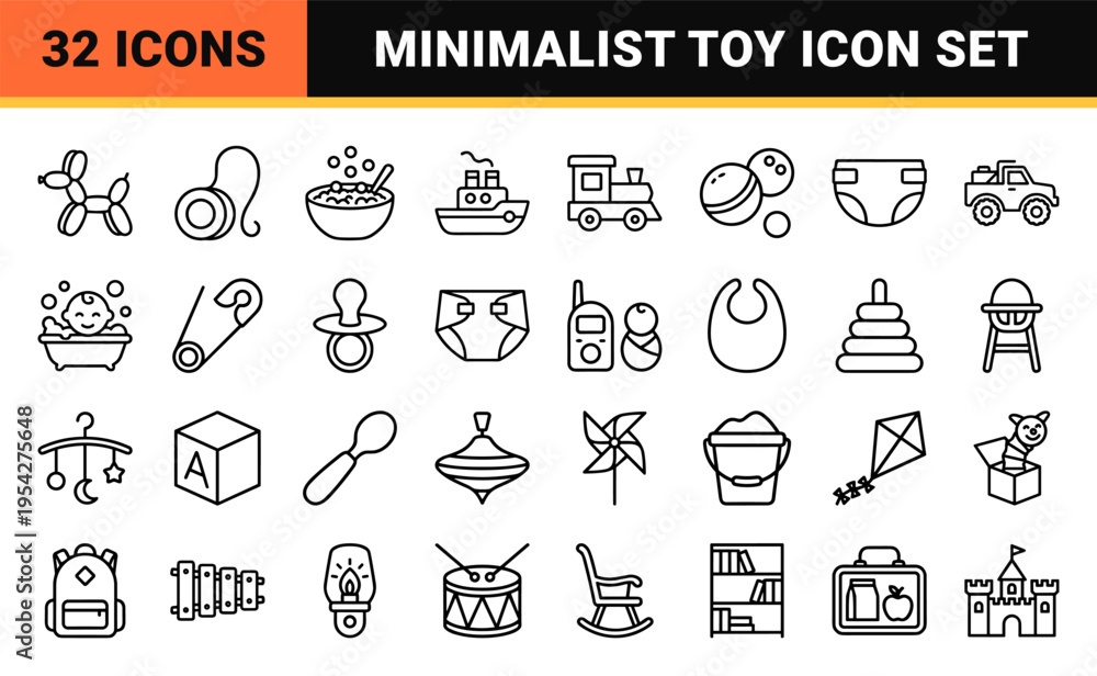 Fototapeta premium Childhood and Nursery Essentials Ultra-minimalist Monoline Icon Set featuring Geometric Line Art Symbols for Modern Parenting UI Design.